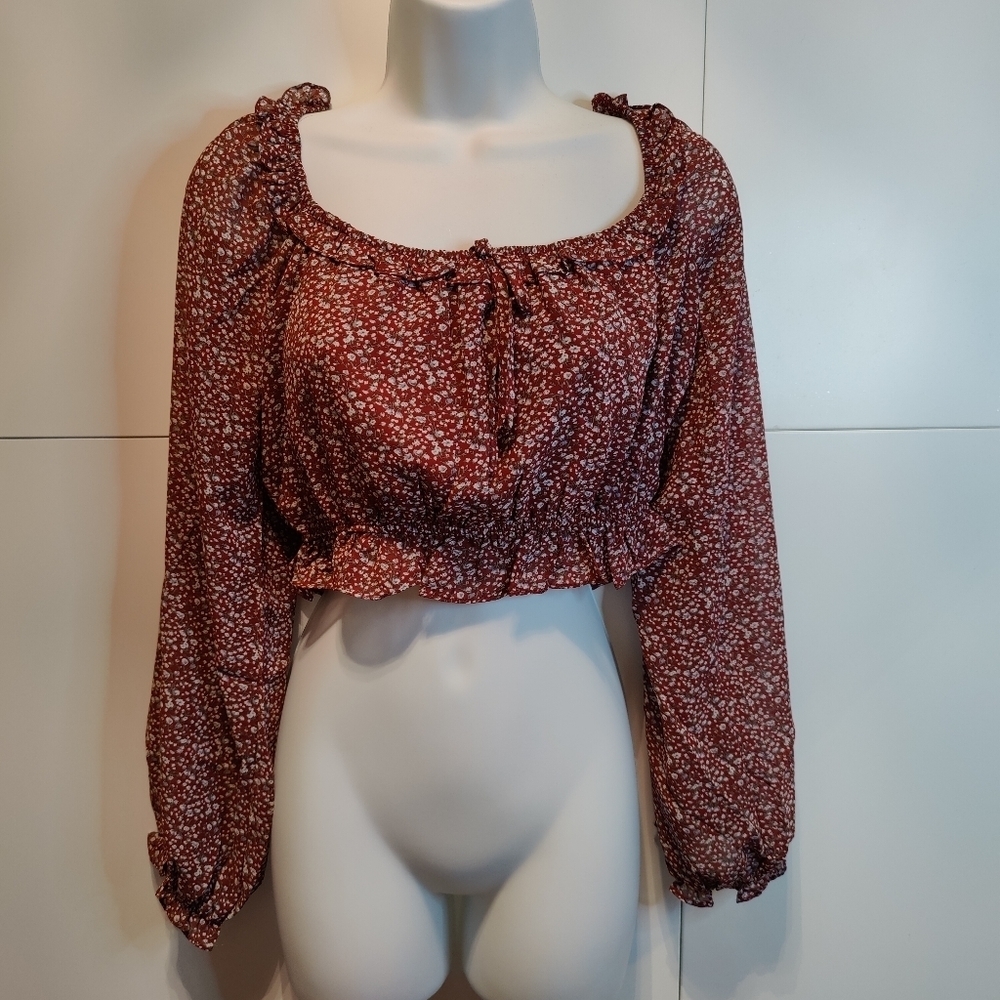 Title: Boutique Burgundy Floral Smocked Crop Top Balloon Sleeve NWT - Picture 5 of 6